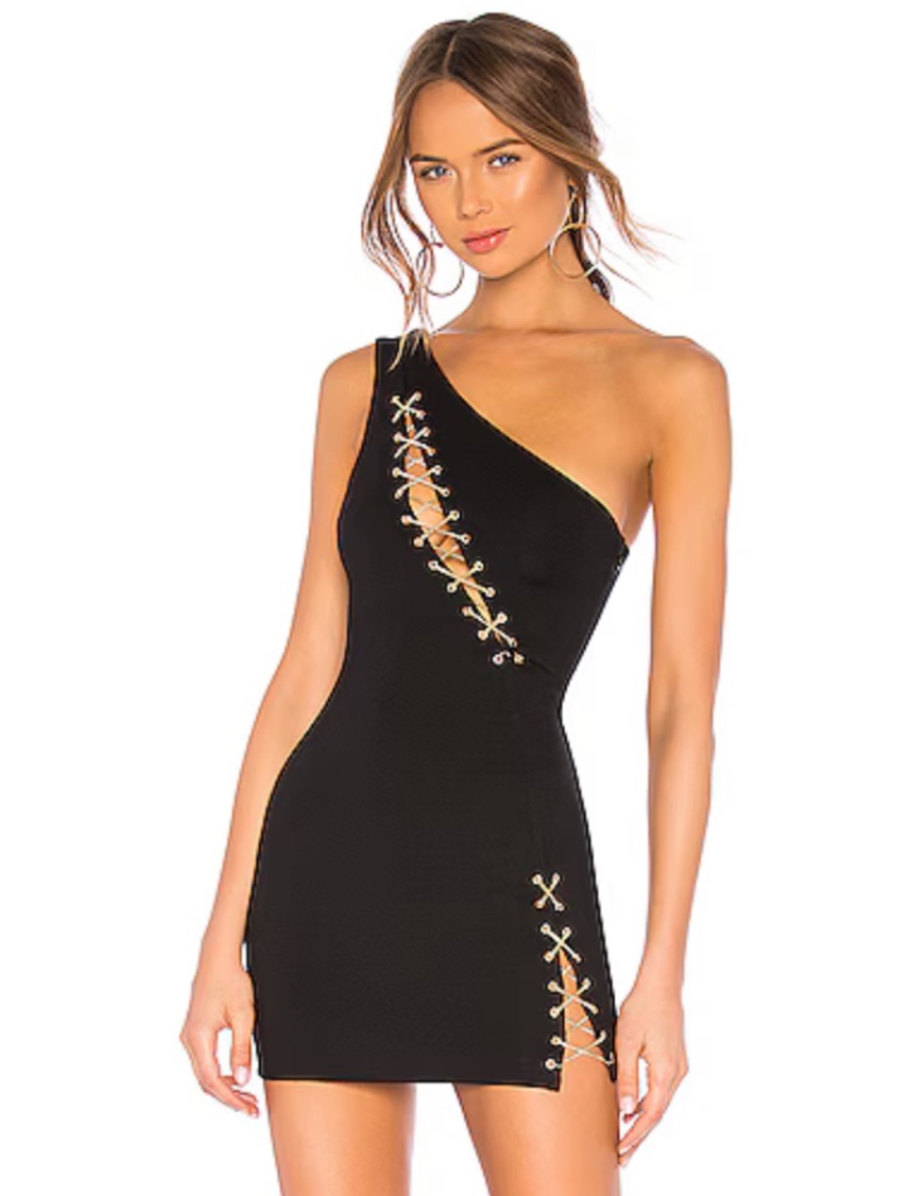 h:ours Delacey One Shoulder Lace-Up Mini Dress Black – XS